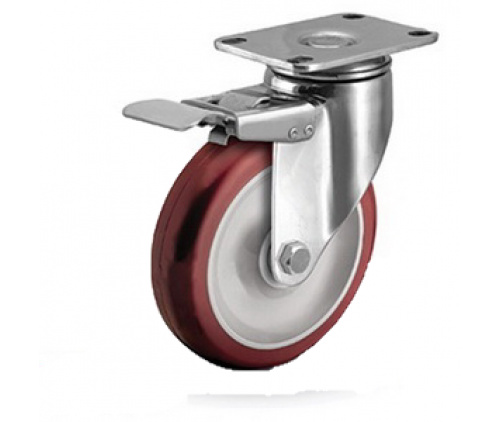 BÁNH XE PU ĐỎ CÓ KHÓA CÀNG INOX 304